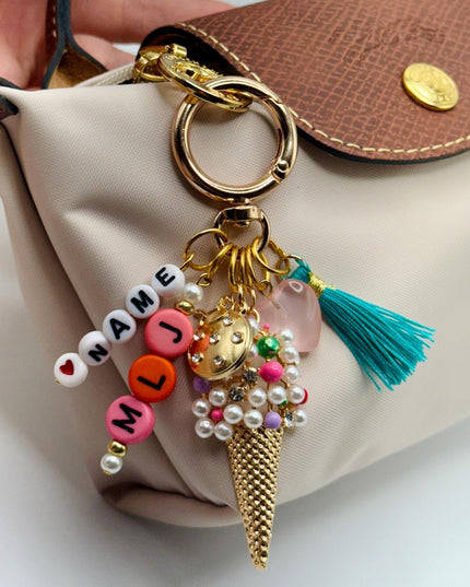 Personalized Ice Cream Cone Keychain – Name Beads, Cute Tassel & Heart Charm – Custom Bag Charm Gift