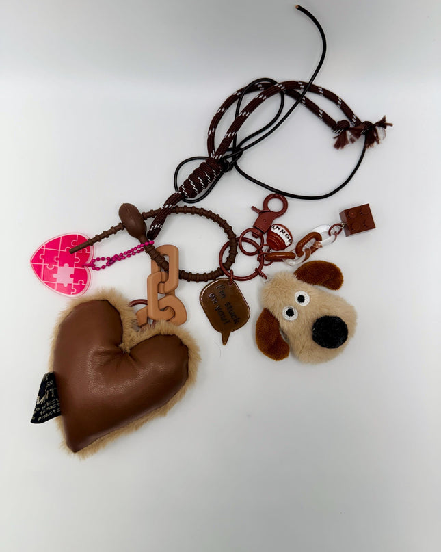 DOG Bag Charm - Plush Heart & Puzzle Keychain with Dog Face - Brown Cute Accessory Gift