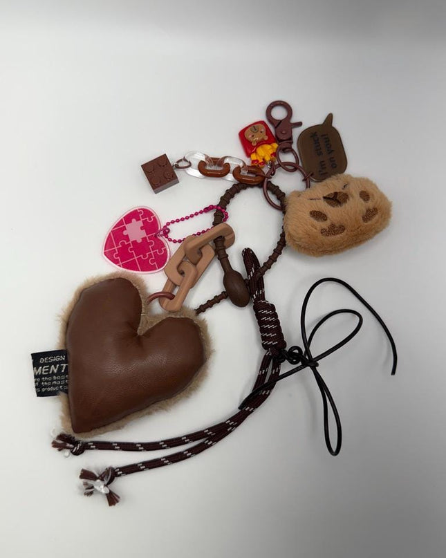COOKIE-CAT Plush Bag Charm - Plush Heart & Puzzle Keychain with Cookie Cat Face - Cute Brown Accessory Gift