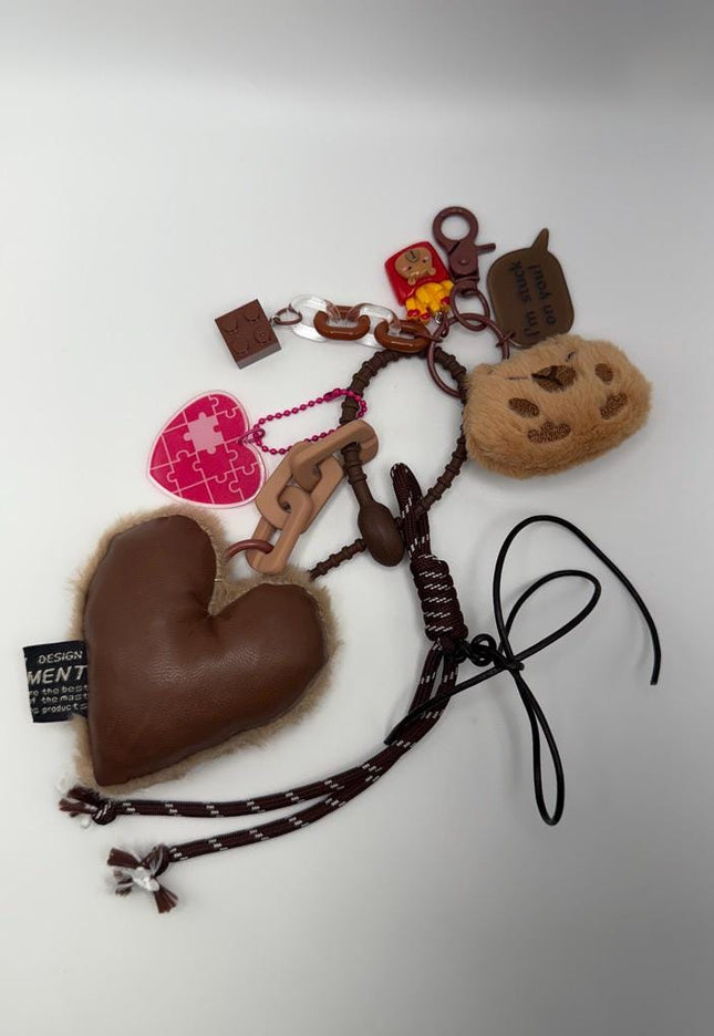 COOKIE-CAT Plush Bag Charm - Plush Heart & Puzzle Keychain with Cookie Cat Face - Cute Brown Accessory Gift