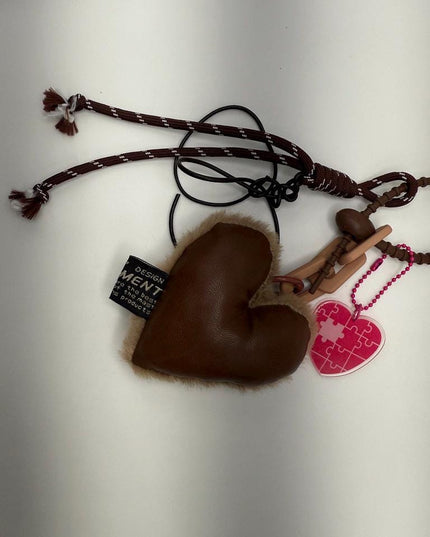 COOKIE-CAT Plush Bag Charm - Plush Heart & Puzzle Keychain with Cookie Cat Face - Cute Brown Accessory Gift