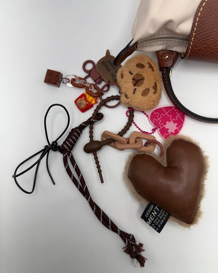 COOKIE-CAT Plush Bag Charm - Plush Heart & Puzzle Keychain with Cookie Cat Face - Cute Brown Accessory Gift
