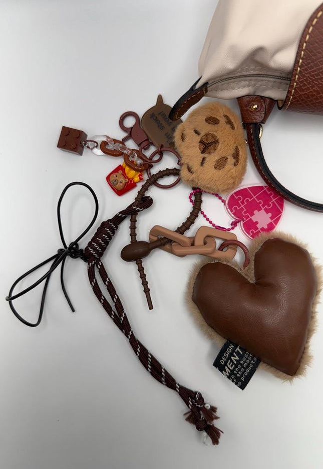 COOKIE-CAT Plush Bag Charm - Plush Heart & Puzzle Keychain with Cookie Cat Face - Cute Brown Accessory Gift