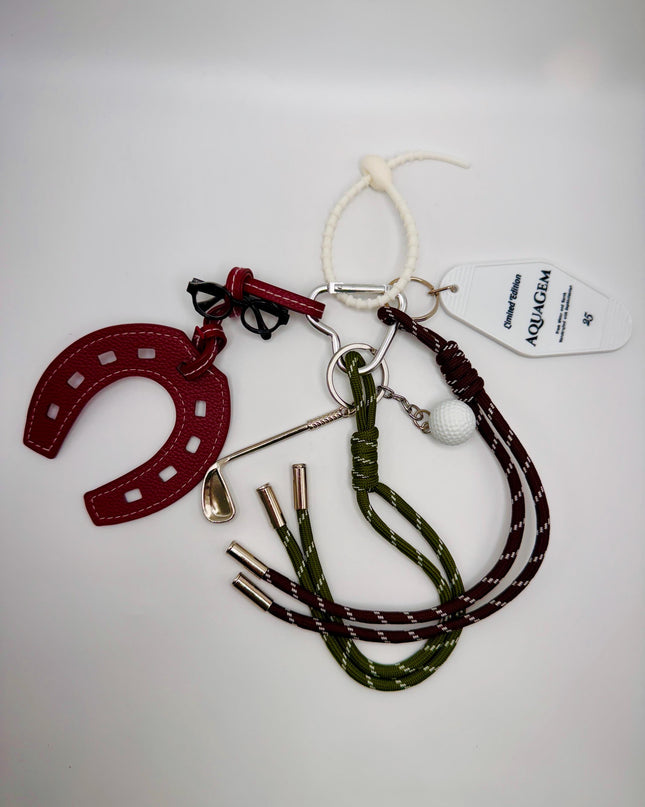 Golf Themed Bag Charm - Lucky Horseshoe, Golf Ball & Club Keychain - Sporty Good Luck Gift