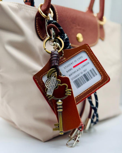 ID Bag Charm - Vintage Key & Leather Card Tag - School Theme Keychain Gift