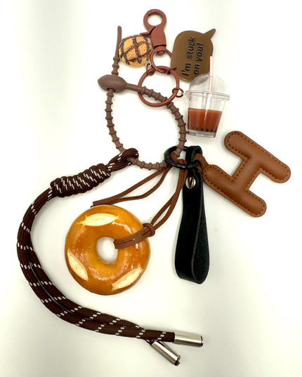 H Donut Bag Charm with Boba Drink & Bagel Detail - Brown Themed Purse Charm - Bag Charm Bubble Tea