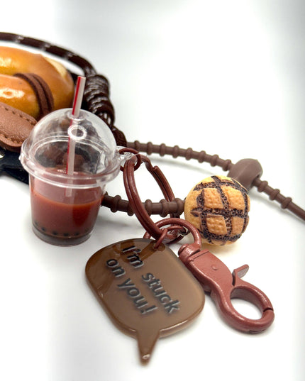 H Donut Bag Charm with Boba Drink & Bagel Detail - Brown Themed Purse Charm - Bag Charm Bubble Tea