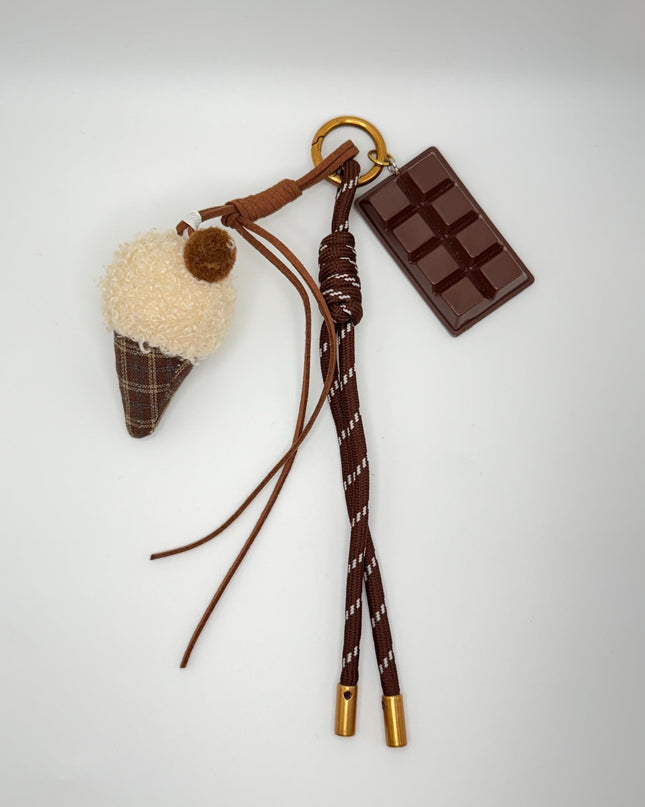Chocolate Bar & Ice Cream Cone Bag Charm | Cute Y2K Style Keychain | Plush Dessert Keyring | Aesthetic Purse Accessory