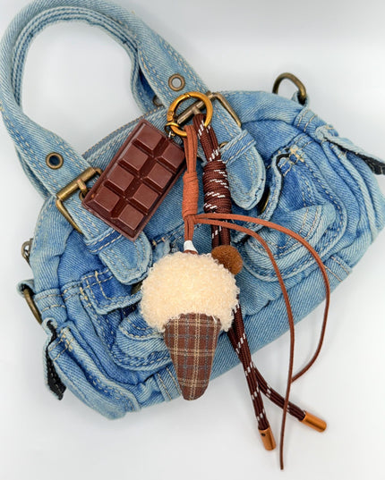 Chocolate Bar & Ice Cream Cone Bag Charm | Cute Y2K Style Keychain | Plush Dessert Keyring | Aesthetic Purse Accessory