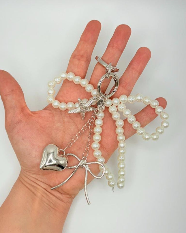 Pearl Bow Bag Charm | Cute Keychain with Heart, Starfish & Bow Charms | Cute Aesthetic Purse Accessory