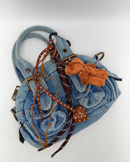Brown Teddy Bear Bag Charm – Plush Keychain with Heart Accent, Ribbons & Heart Clip