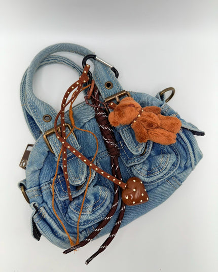 Brown Teddy Bear Bag Charm – Plush Keychain with Heart Accent, Ribbons & Heart Clip