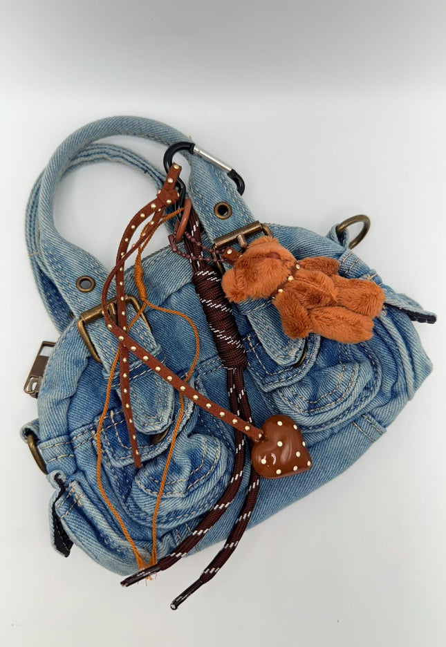 Brown Teddy Bear Bag Charm – Plush Keychain with Heart Accent, Ribbons & Heart Clip