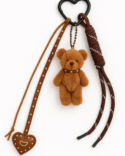 Brown Teddy Bear Bag Charm – Plush Keychain with Heart Accent, Ribbons & Heart Clip