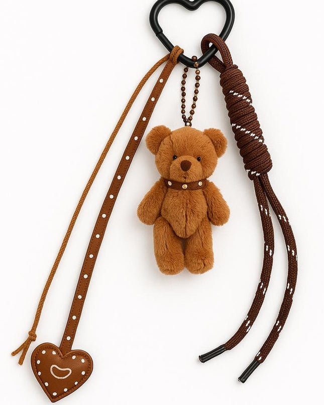 Brown Teddy Bear Bag Charm – Plush Keychain with Heart Accent, Ribbons & Heart Clip