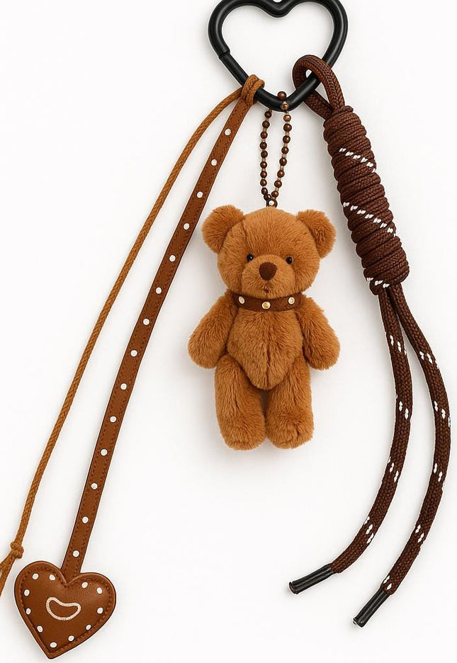 Brown Teddy Bear Bag Charm – Plush Keychain with Heart Accent, Ribbons & Heart Clip