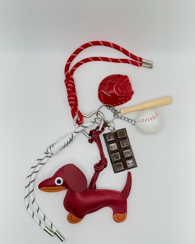 Dachshund Dog Bag Charm – Baseball Theme Keychain with Chocolate & Bat, Gift for Dog Lovers