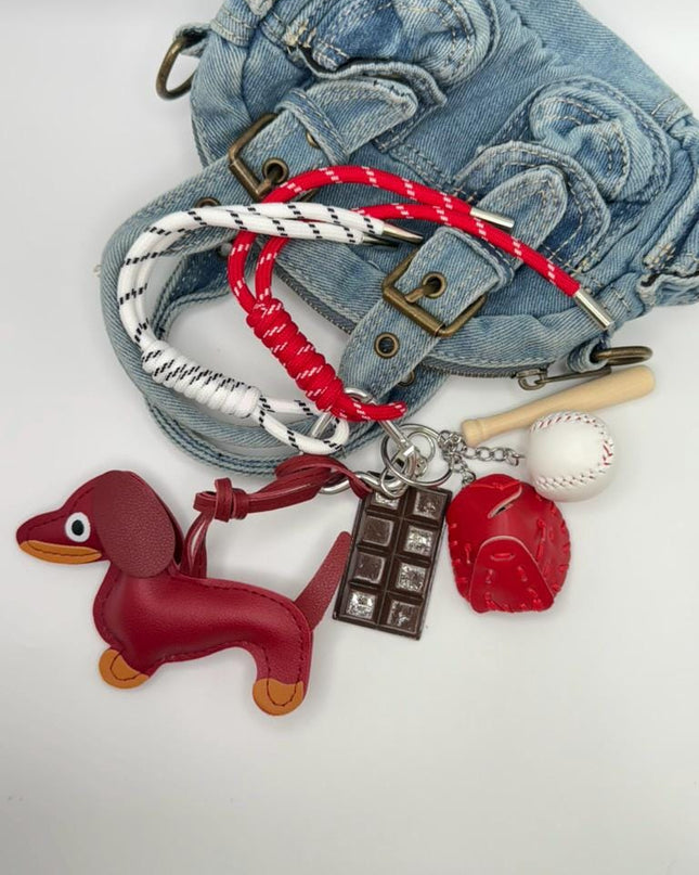 Dachshund Dog Bag Charm – Baseball Theme Keychain with Chocolate & Bat, Gift for Dog Lovers