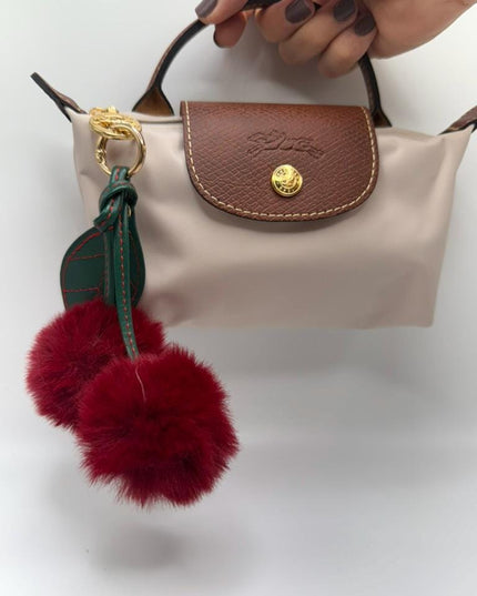 Cherry Pom Pom Bag Charm – Red Fluffy Keychain with Green Leaf, Cute Purse Accessory