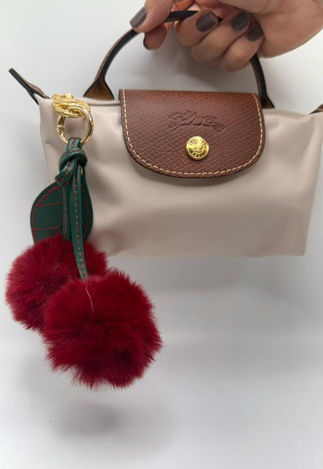 Cherry Pom Pom Bag Charm – Red Fluffy Keychain with Green Leaf, Cute Purse Accessory