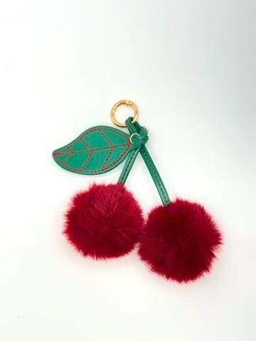 Cherry Pom Pom Bag Charm – Red Fluffy Keychain with Green Leaf, Cute Purse Accessory