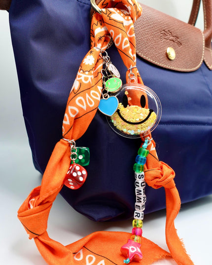 Orange Summer Bandana Bag Charm – Smiley Face, Dice & Beads Accessory | Funky Keychain | Handmade Bag Charm