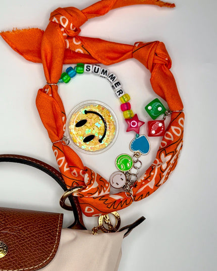 Orange Summer Bandana Bag Charm – Smiley Face, Dice & Beads Accessory | Funky Keychain | Handmade Bag Charm