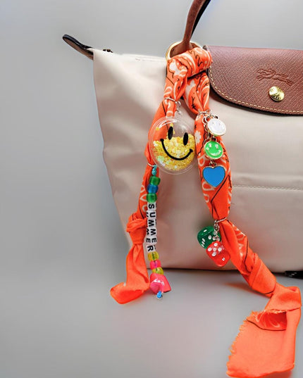 Orange Summer Bandana Bag Charm – Smiley Face, Dice & Beads Accessory | Funky Keychain | Handmade Bag Charm