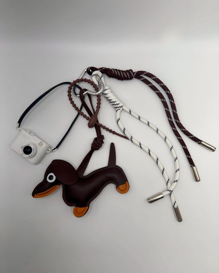 Flash Camera with Dog Bag Charm  – Brown Leather Keychain Accessory, Gift for Dog Lovers