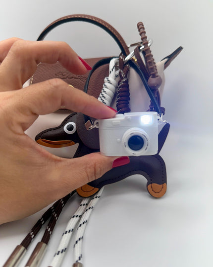 Flash Camera with Dog Bag Charm  – Brown Leather Keychain Accessory, Gift for Dog Lovers