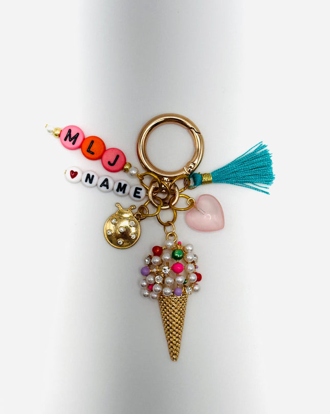 Personalized Ice Cream Cone Keychain – Name Beads, Cute Tassel & Heart Charm – Custom Bag Charm Gift
