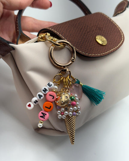 Personalized Ice Cream Cone Keychain – Name Beads, Cute Tassel & Heart Charm – Custom Bag Charm Gift