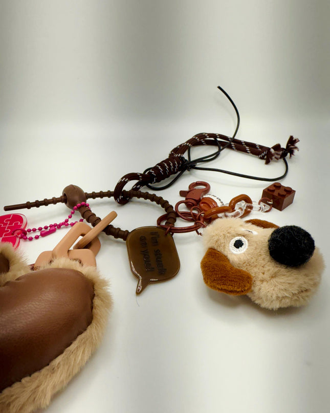 DOG Bag Charm - Plush Heart & Puzzle Keychain with Dog Face - Brown Cute Accessory Gift