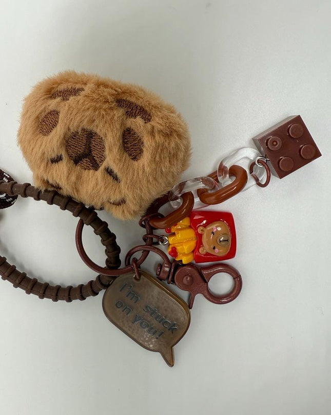 COOKIE-CAT Plush Bag Charm - Plush Heart & Puzzle Keychain with Cookie Cat Face - Cute Brown Accessory Gift