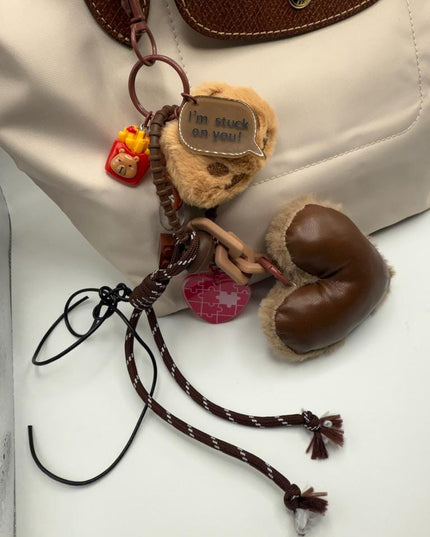 COOKIE-CAT Plush Bag Charm - Plush Heart & Puzzle Keychain with Cookie Cat Face - Cute Brown Accessory Gift