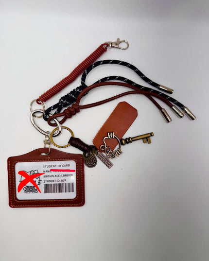 ID Bag Charm - Vintage Key & Leather Card Tag - School Theme Keychain Gift