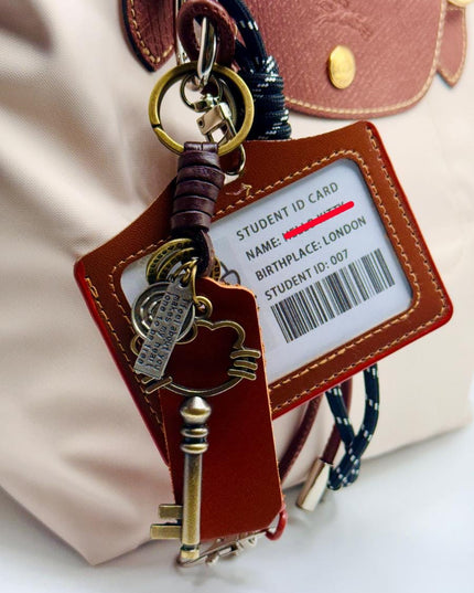 ID Bag Charm - Vintage Key & Leather Card Tag - School Theme Keychain Gift