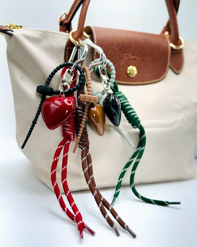 Heart Bag Charm Keychain – Red, Brown, Black – Glossy TPU Heart with Rope & Spiral Cord