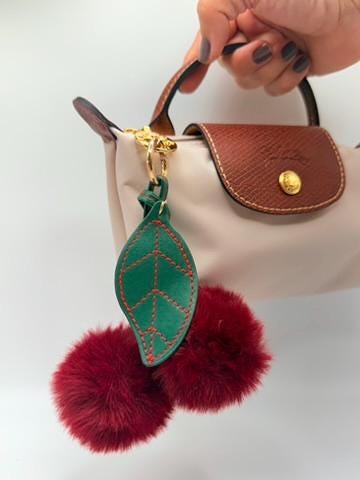 Cherry Pom Pom Bag Charm – Red Fluffy Keychain with Green Leaf, Cute Purse Accessory