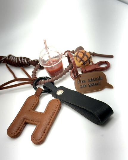 H Donut Bag Charm with Boba Drink & Bagel Detail - Brown Themed Purse Charm - Bag Charm Bubble Tea