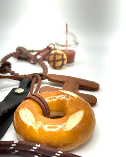 H Donut Bag Charm with Boba Drink & Bagel Detail - Brown Themed Purse Charm - Bag Charm Bubble Tea
